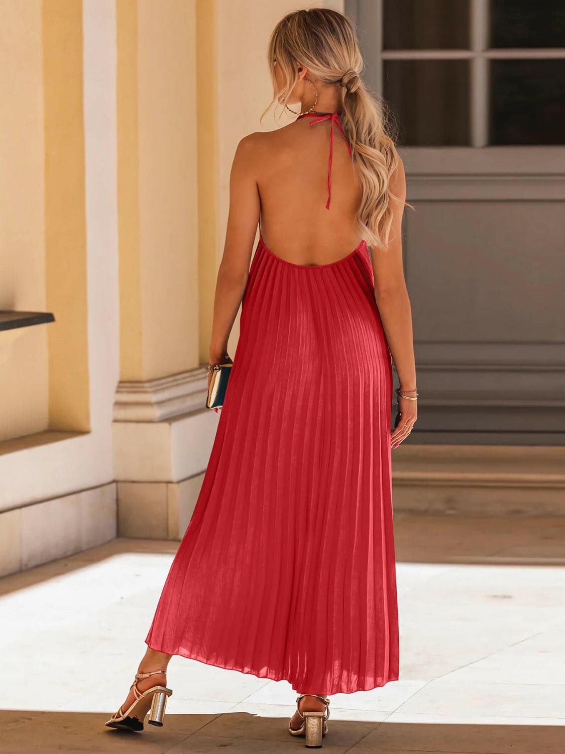 Pleated Halter Neck Sleeveless Dress.