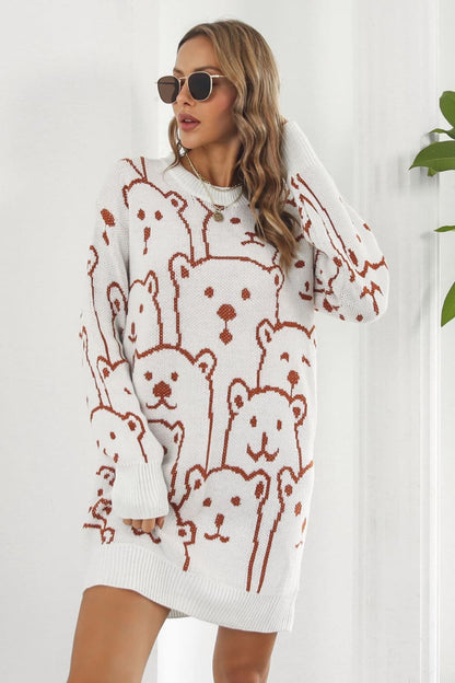 Bear Pattern Round Neck Sweater Dress.