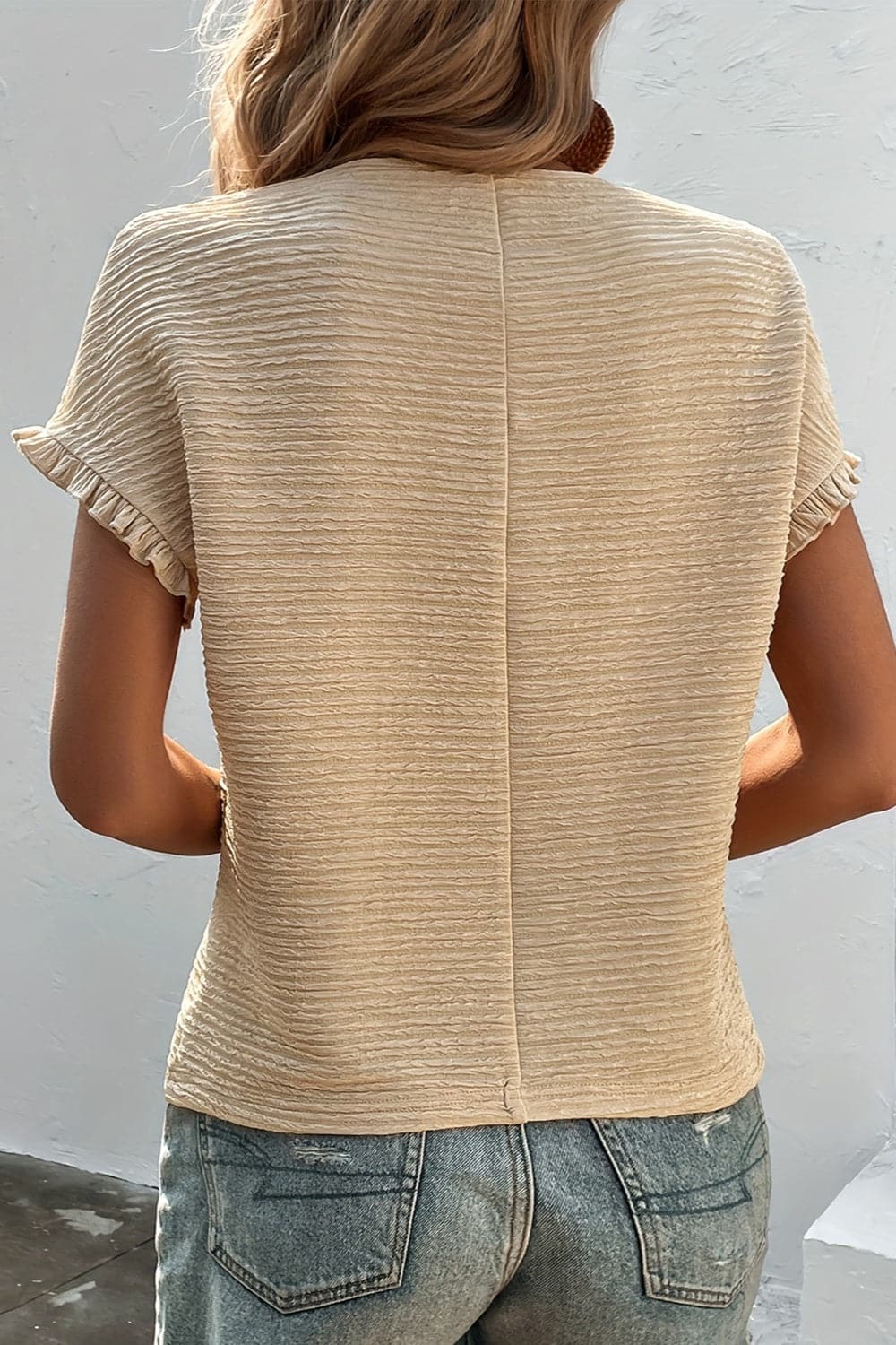 Frill Round Neck Short Sleeve Blouse.