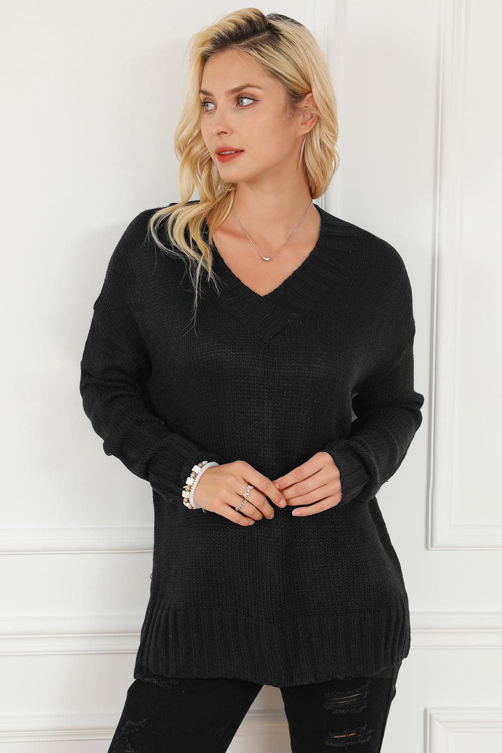 V-Neck Dropped Shoulder Sweater.