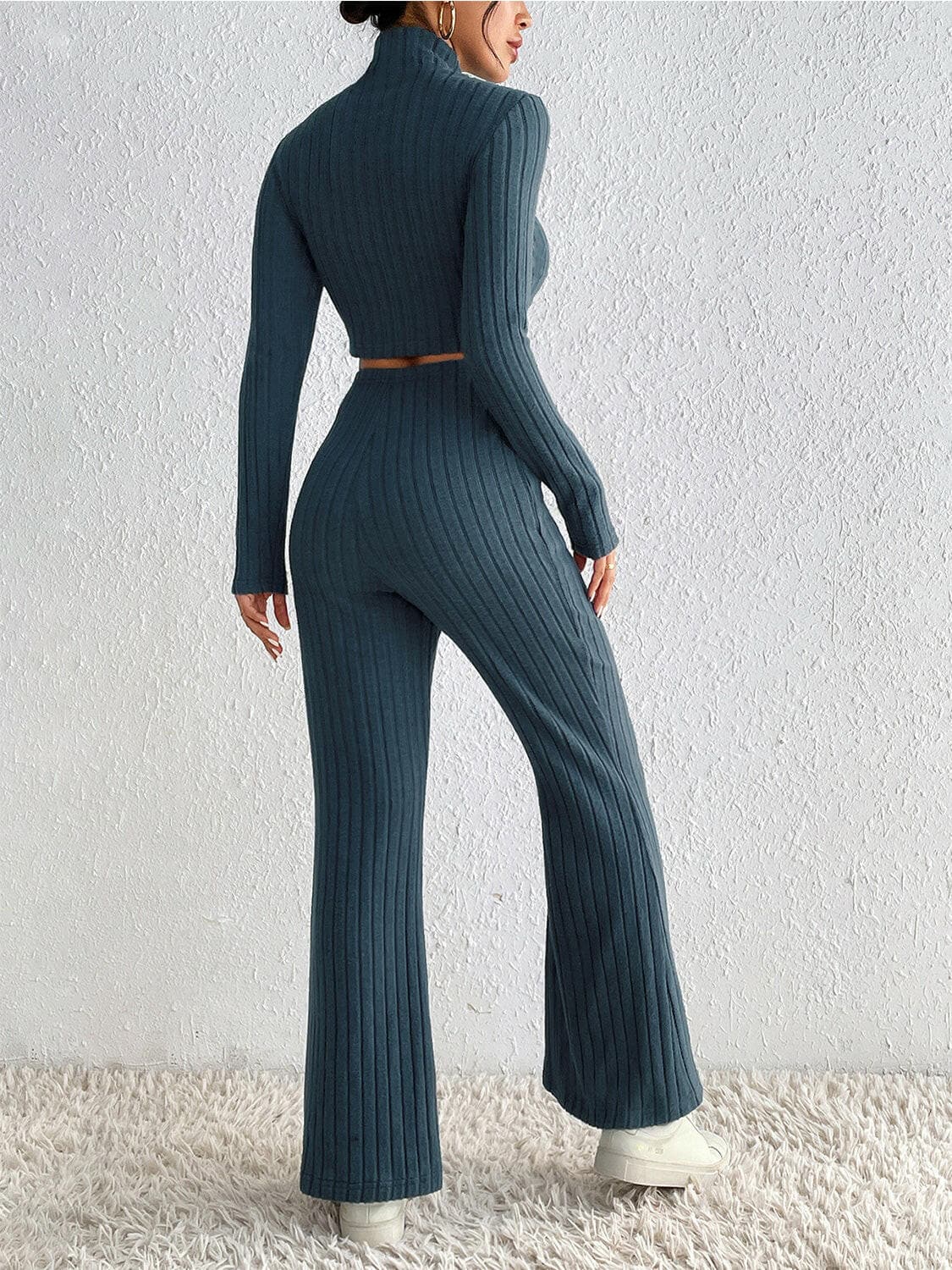 Ribbed Mock Neck Cropped Sweater & High Waist Pants Set.