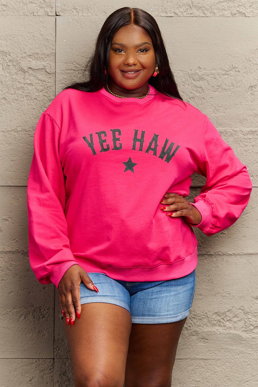 Simply Love Full Size YEEHAW Graphic Round Neck Sweatshirt.