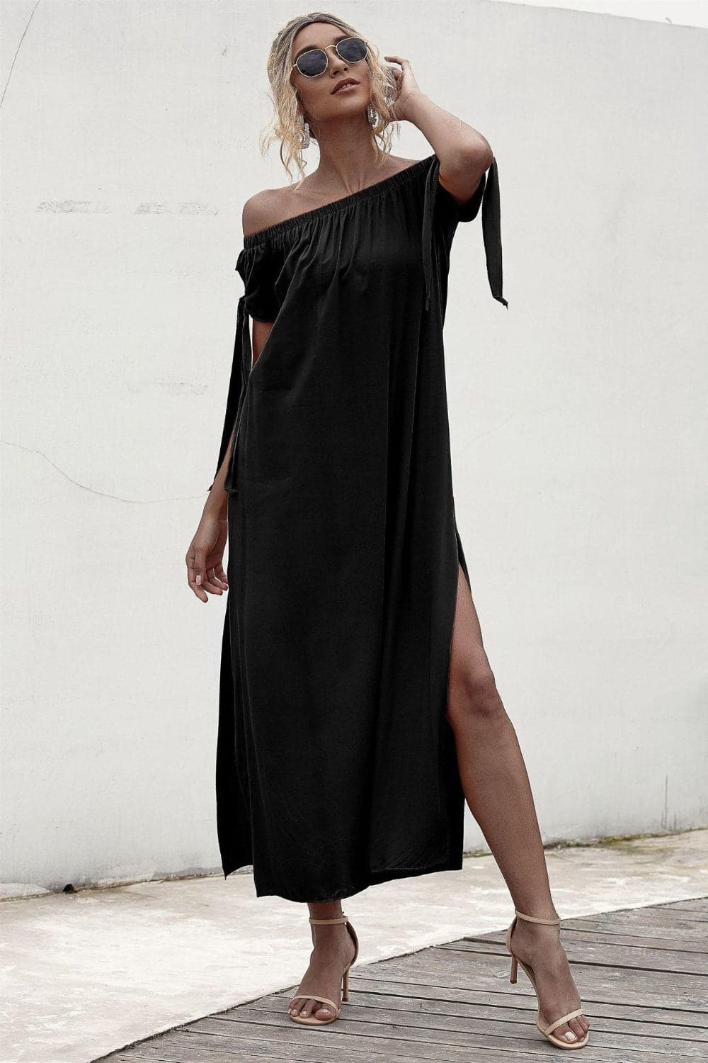 Slit Off Shoulder Short Sleeve Midi Dress.