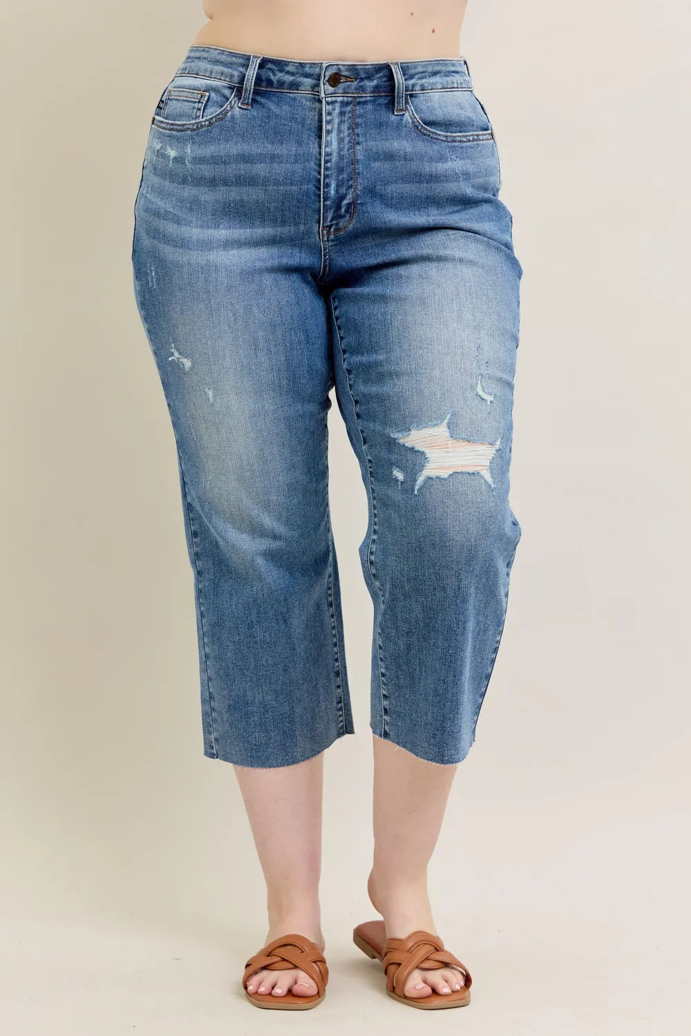 Judy Blue Plus Size High Waist Back Destroyed Raw Cut Hem Crop Wide Leg Jeans - Love Salve 