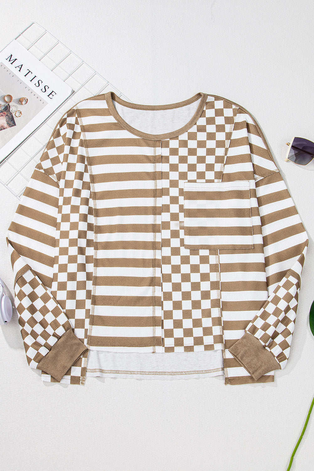 Khaki patchwork blouse with checkerboard and striped design