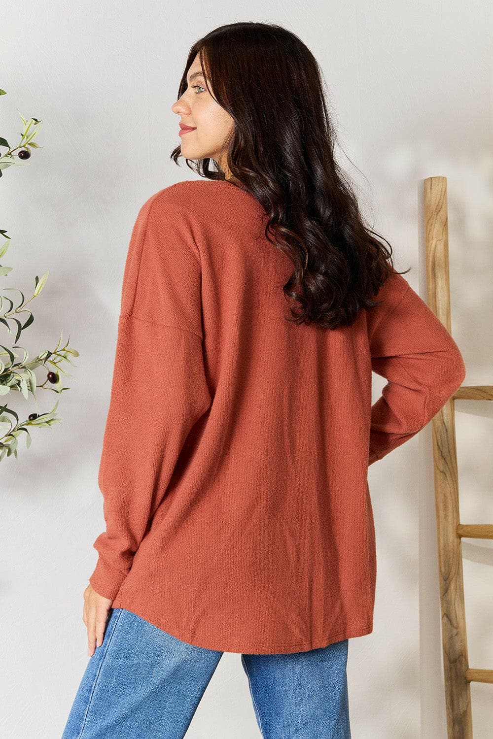 BOMBOM Drop Shoulder Long Sleeve Blouse with Pockets.