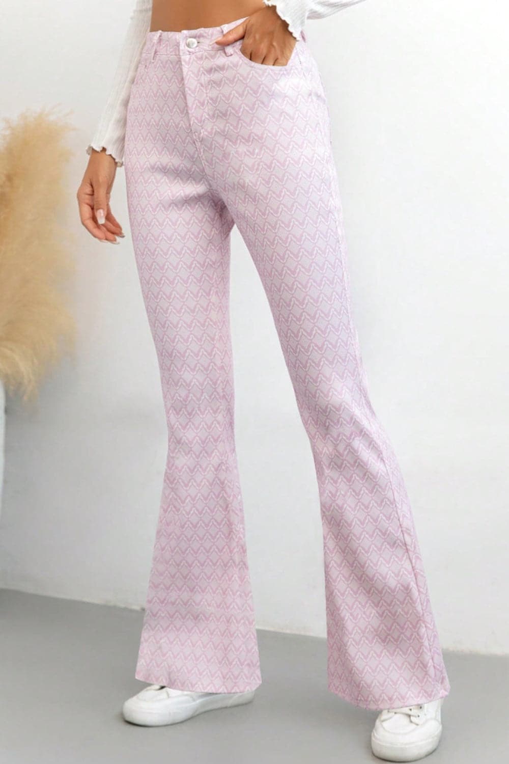 Stylish Printed High-Waisted Flare Trousers with Convenient Pockets