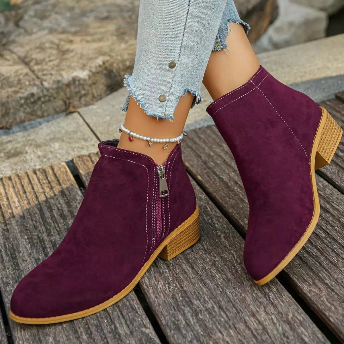 Burgundy Suede Point Toe Ankle Boots With Zipper Mid Heel Simply Love