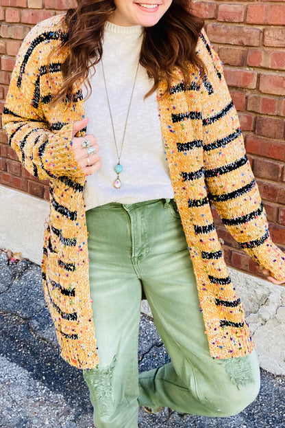 Beige Striped Knit Cardigan with Pom Pom Details