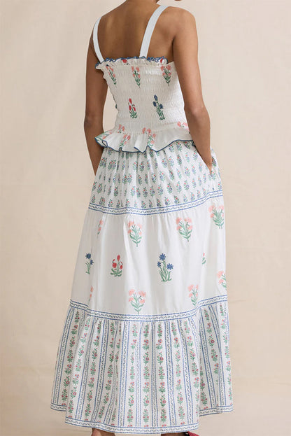 Floral Ruffled Sleeveless Maxi Dress in White