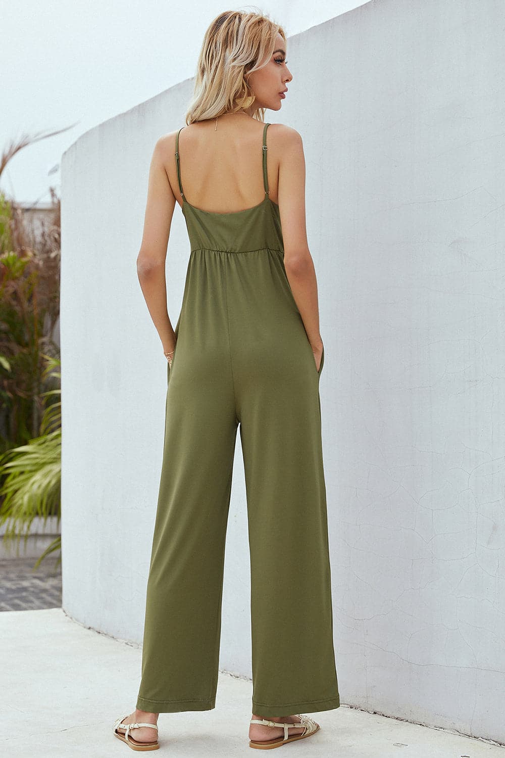 V-Neck Spaghetti Strap Wide Leg Jumpsuit.