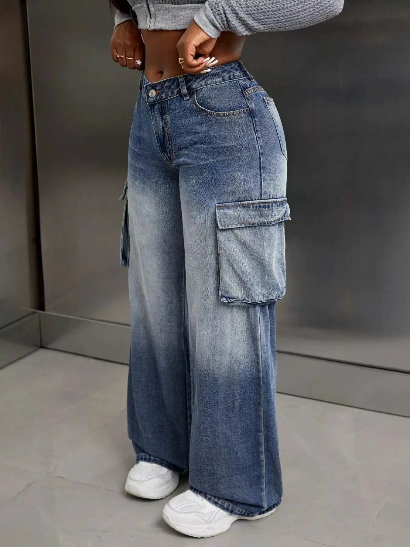 Vintage Wide Leg Cargo Jeans With Pockets And Slight Stretch Simply Love