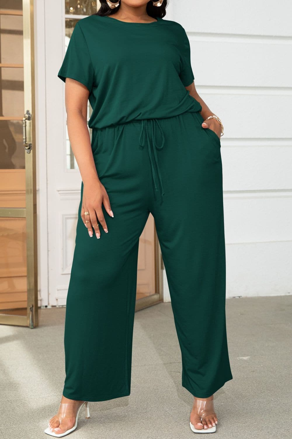 Plus Size Drawstring Waist Short Sleeve Jumpsuit.