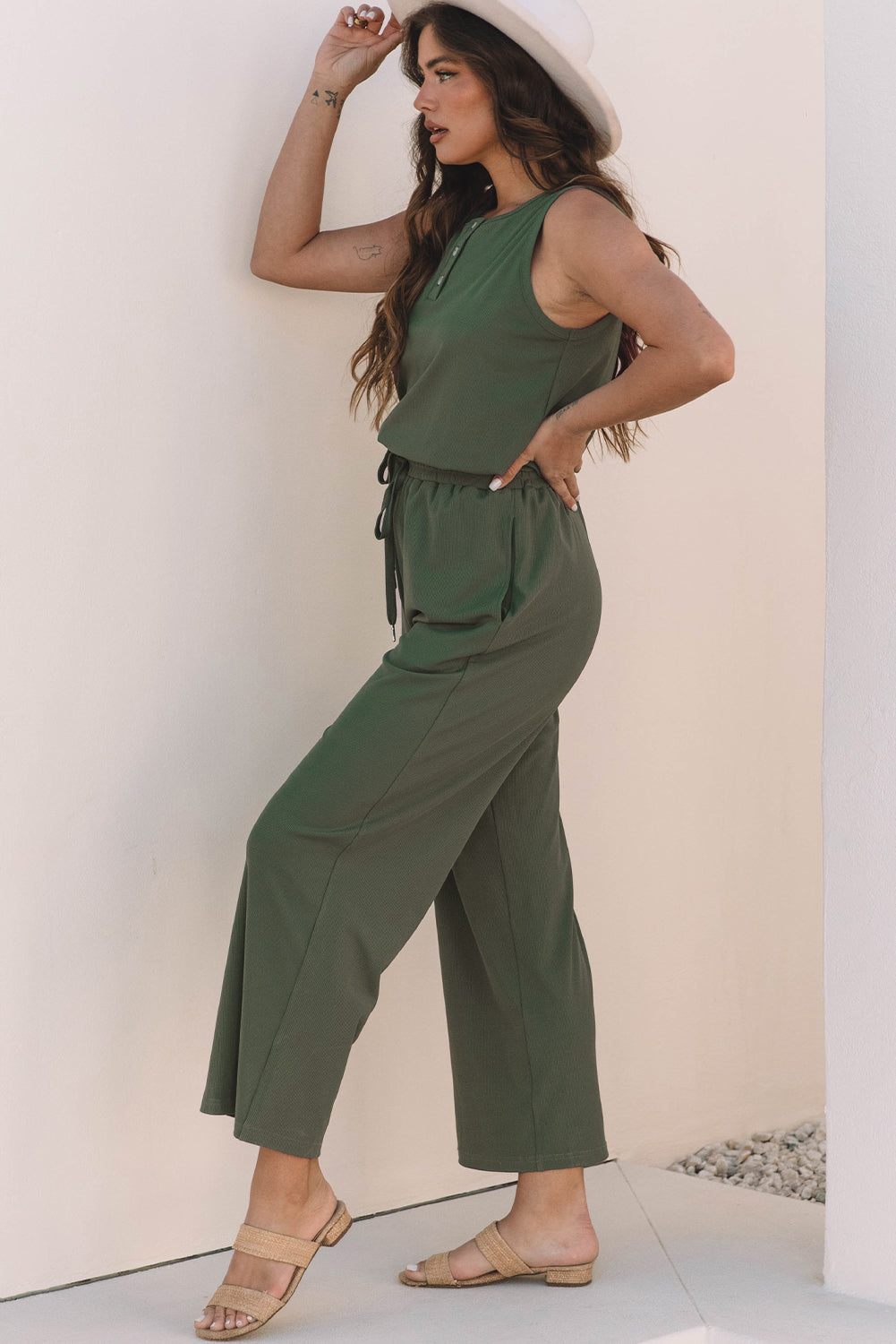 Vineyard Green Sleeveless Wide-Leg Jumpsuit with Drawstring Waist and Button Detail