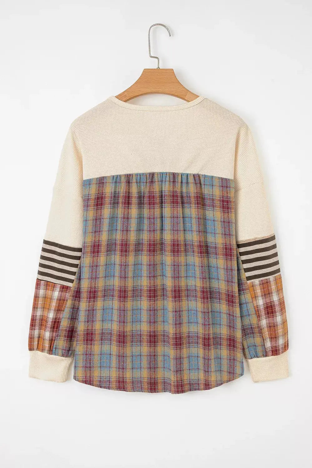 Waffle Knit Plaid Patchwork Long Sleeve Blouse Simply Love