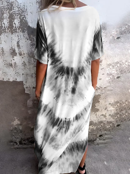 Full Size Pocketed Tie-Dye Short Sleeve Dress.