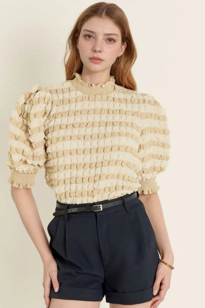 Textured Mock Neck Short Sleeve Blouse