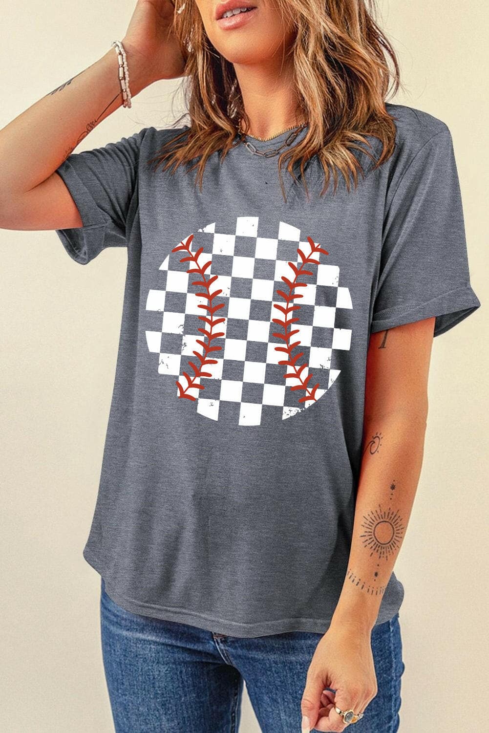 Checkered Graphic Round Neck Short Sleeve T-Shirt.