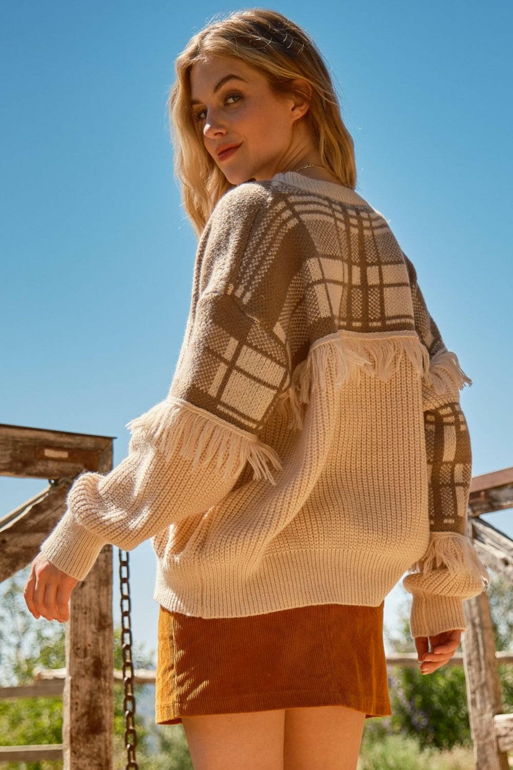 And The Why Plaid Pattern Color Block Fringe SweaterUpgrade Your Winter Style
 Introducing the And The Why Plaid Pattern Color Block Fringe Sweater, the ultimate addition to your winter wardrobe. This stylish sweater Love Salve Plaid Pattern Color Block Fringe Sweaterusa