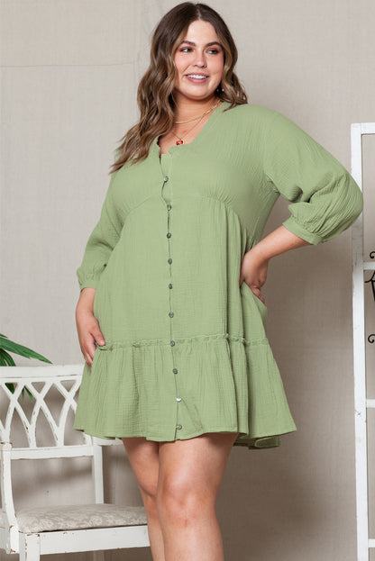 Chic green ruffled v-neck plus size mini dress with button details