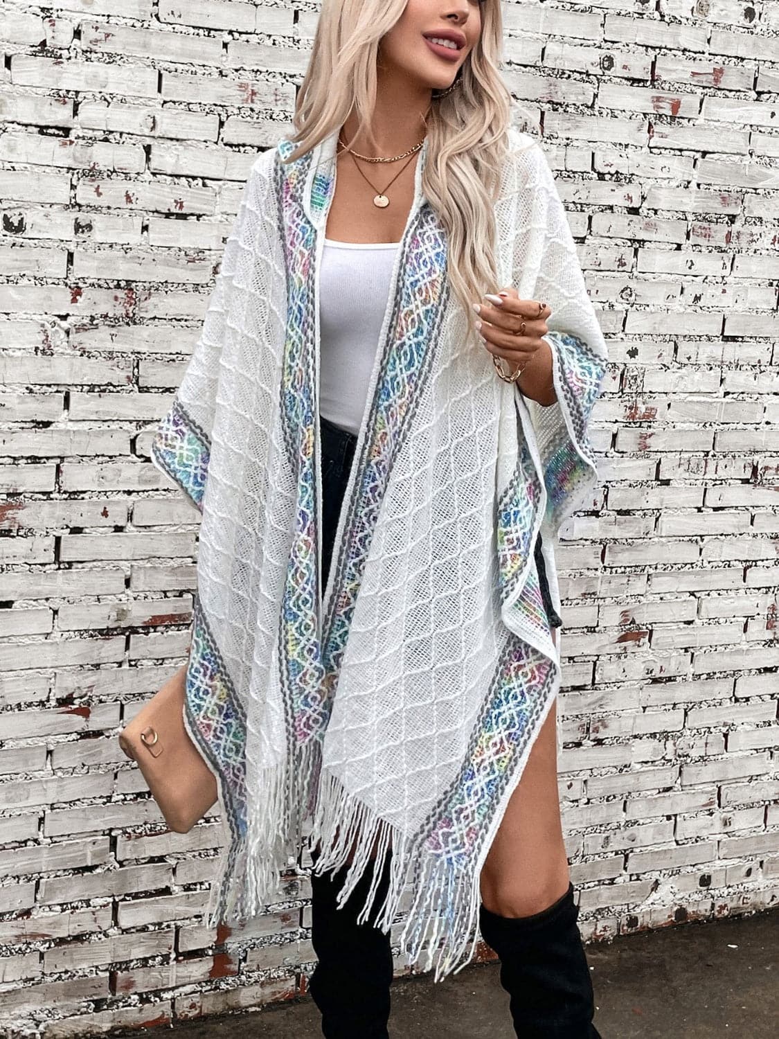 Fringe hooded poncho - acrylic, one size