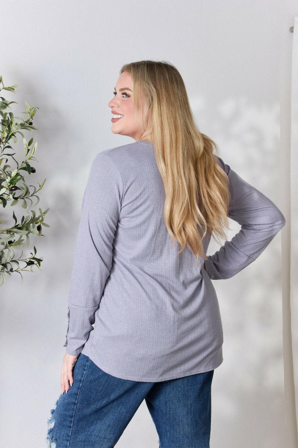 Heimish Full Size Texture Half Button Long Sleeve Top.