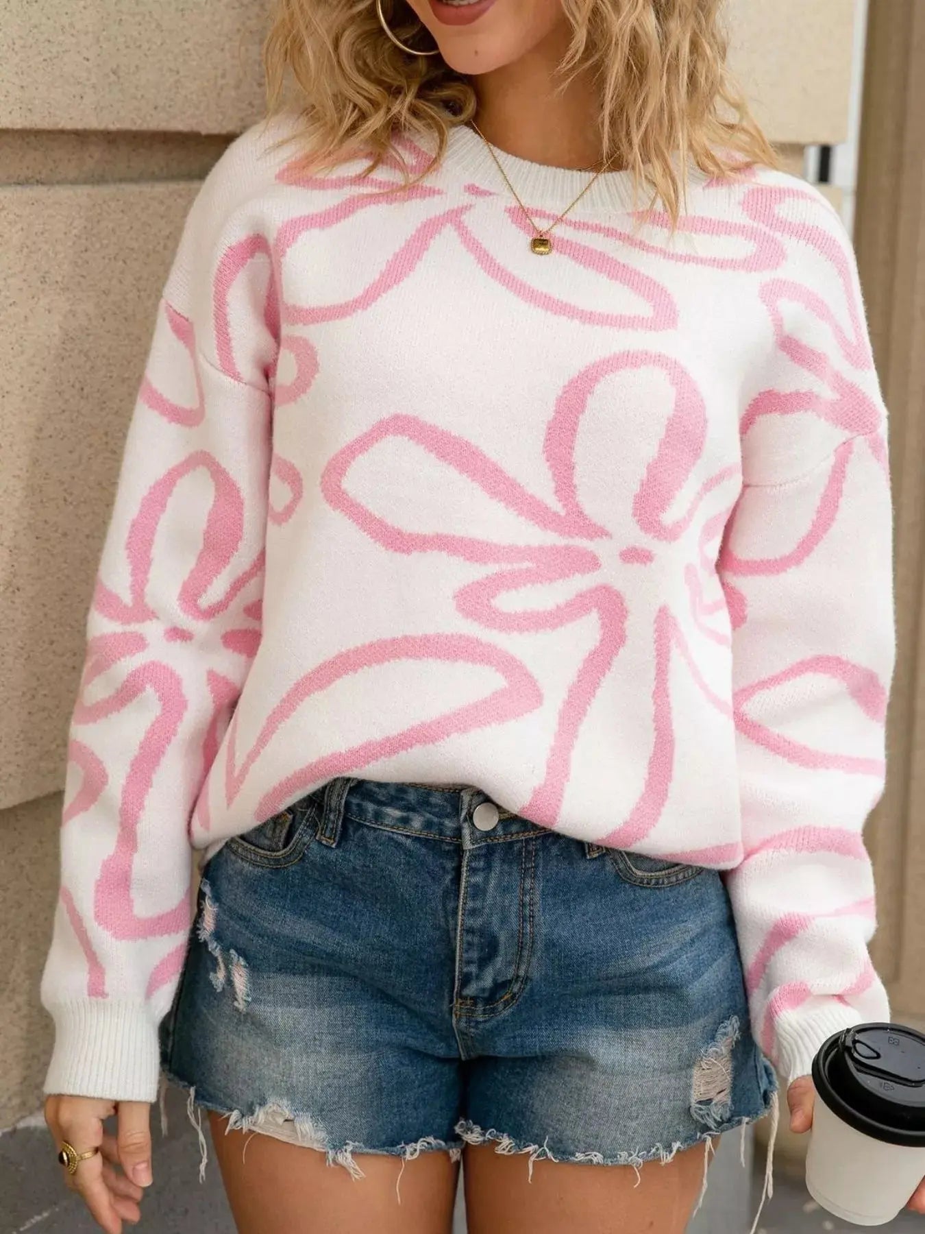 Flower Crew Neck Long Sleeve Sweater Simply Love