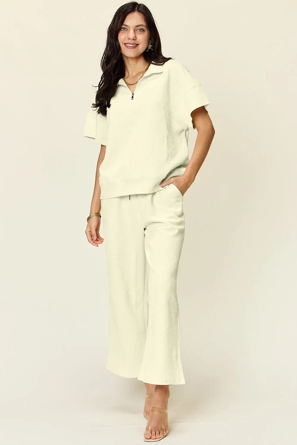 Double Take Full Size Texture Half Zip Short Sleeve Top and Pants Set - Love Salve