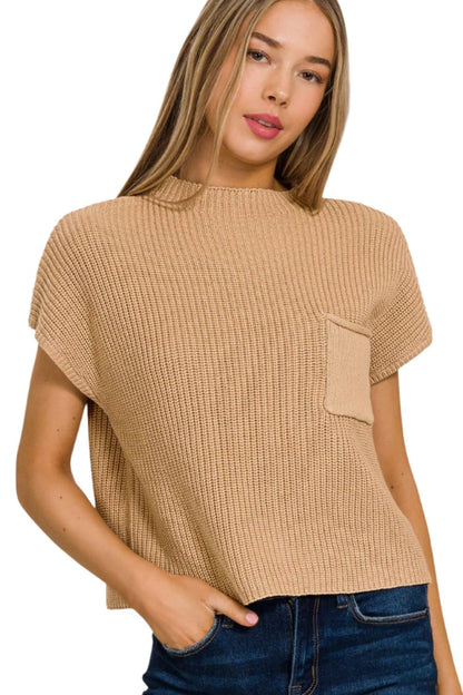 Zenana Mock Neck Short Sleeve Cropped Sweater.