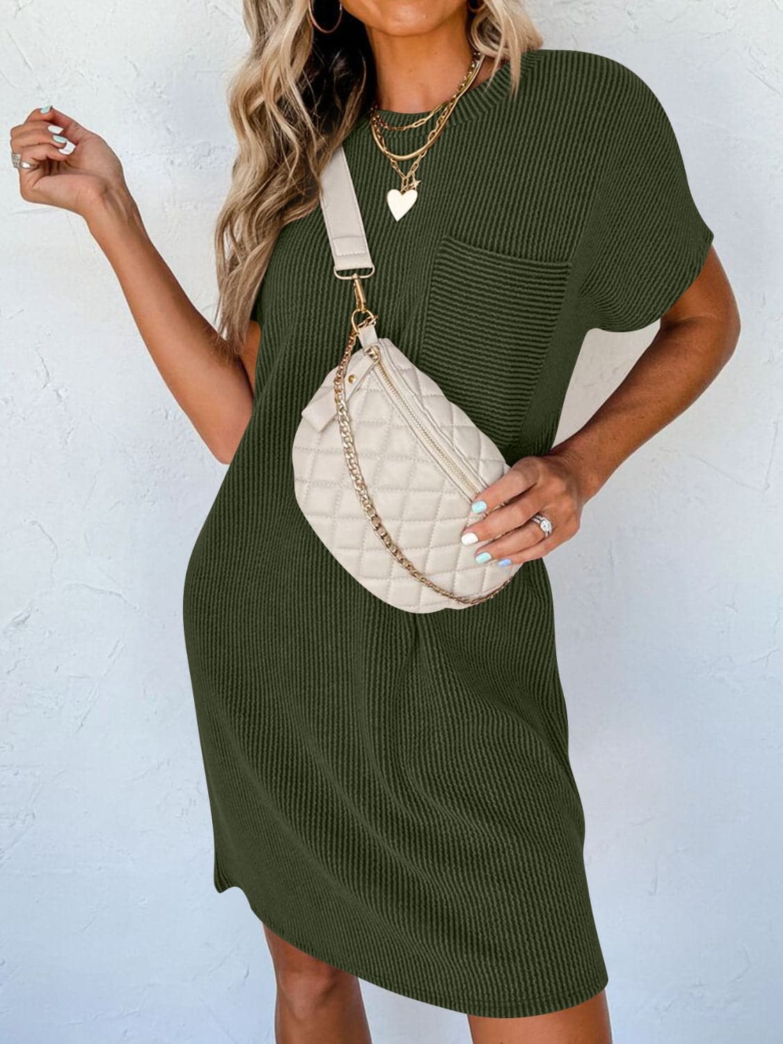 Round Neck Short Sleeve Mini Dress.