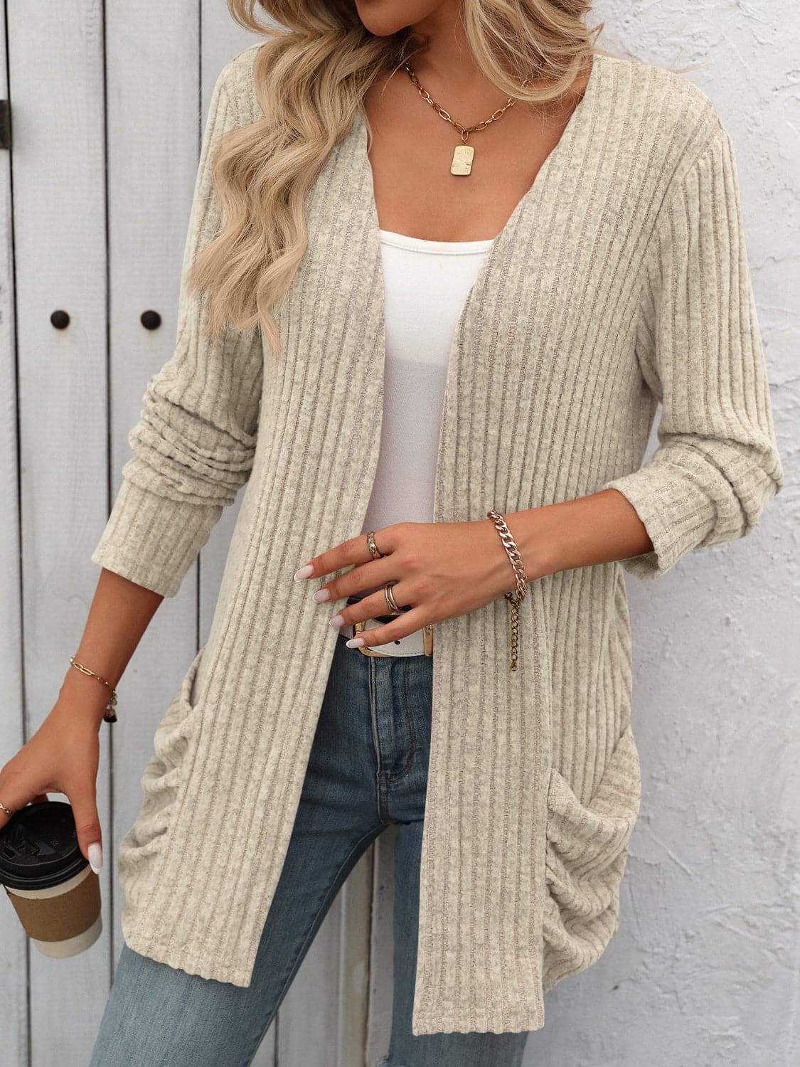 Open Front Long Sleeve Ribbed Cardigan.