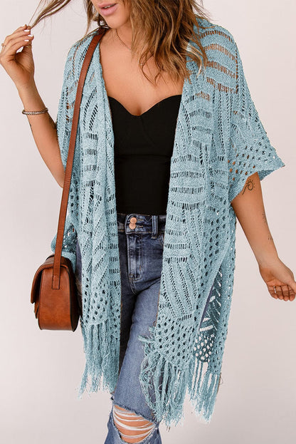 Openwork Open Front Cardigan with Fringes.