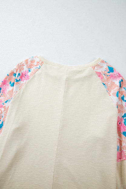 Chic apricot floral patchwork top with puff sleeves for plus sizes