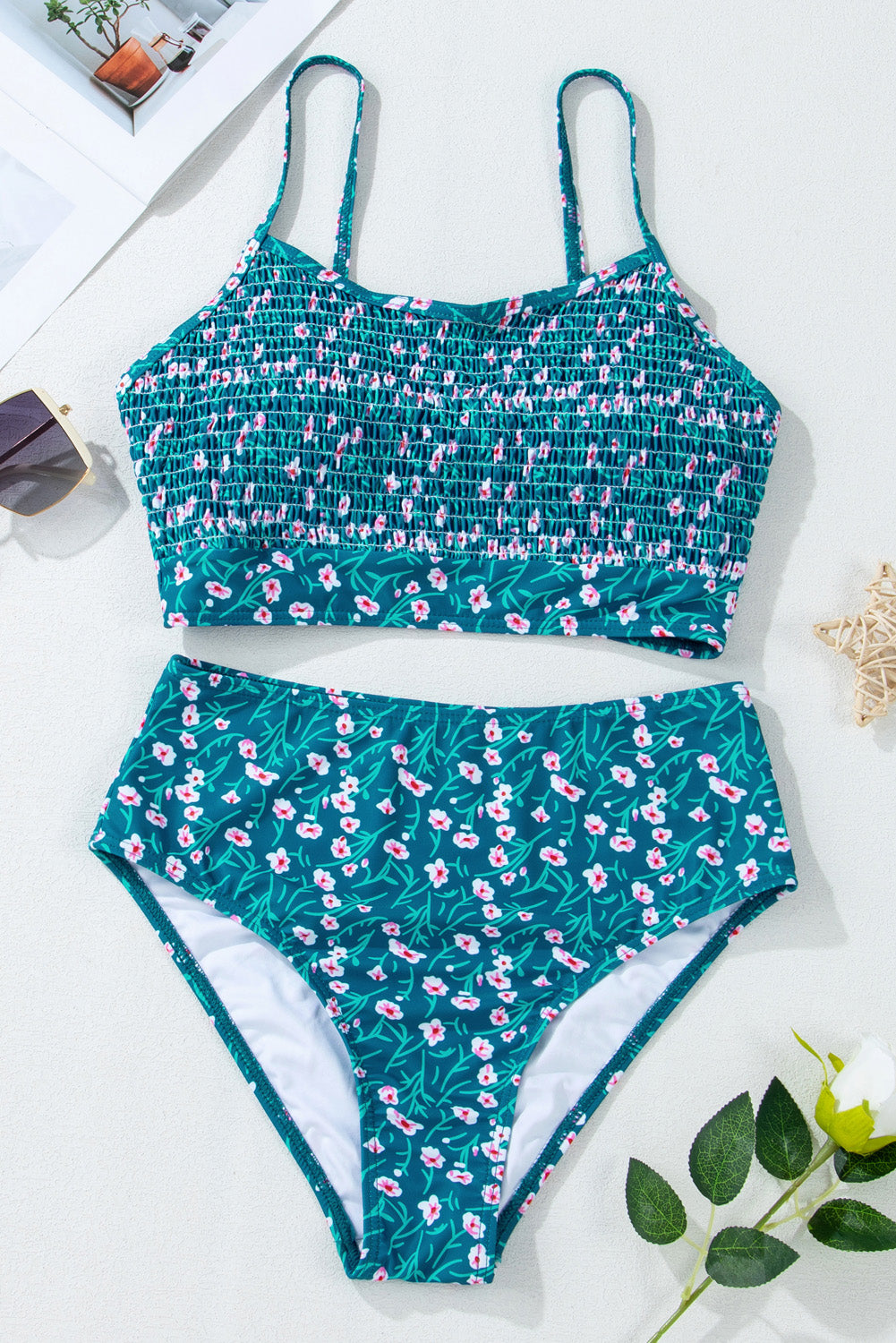 Blue Floral Print Smocked Cute Bikini Set for Summer Fun