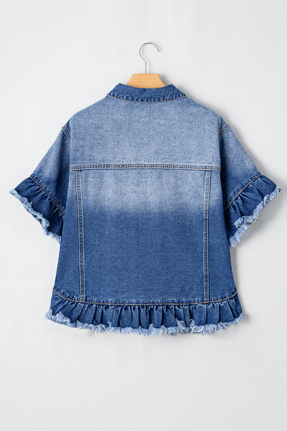 Peacock blue ruffled denim jacket