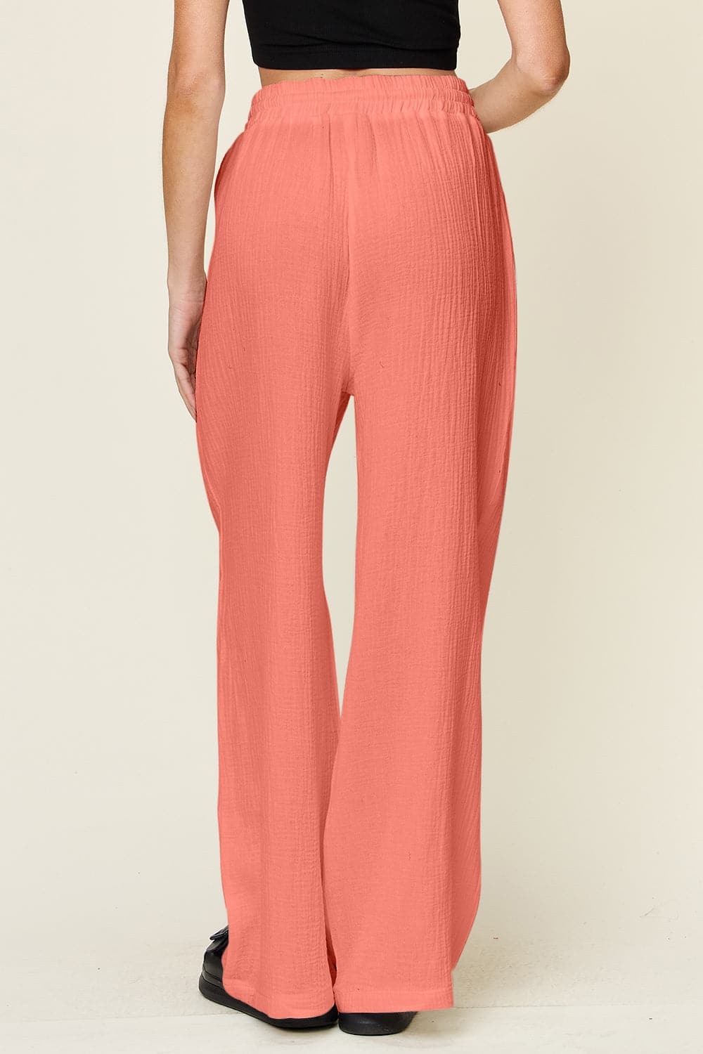 Double Take Full Size Texture Drawstring Wide Leg Pants.