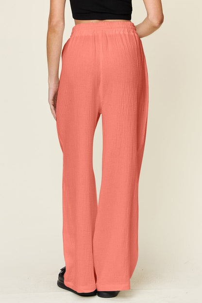 Double Take Full Size Texture Drawstring Wide Leg Pants.