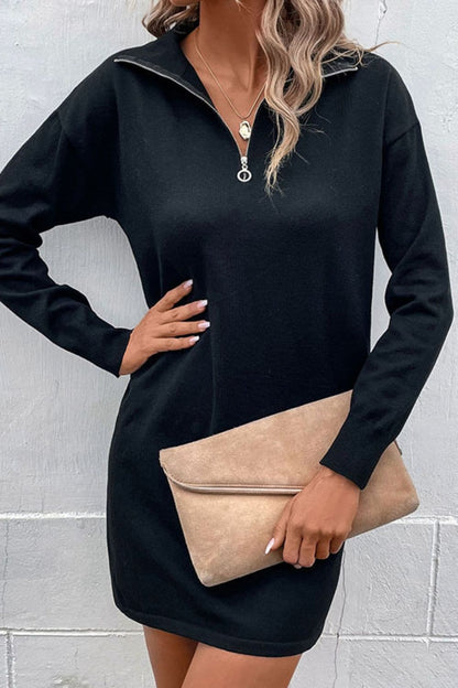 Quarter-Zip Dropped Shoulder Knit Dress.