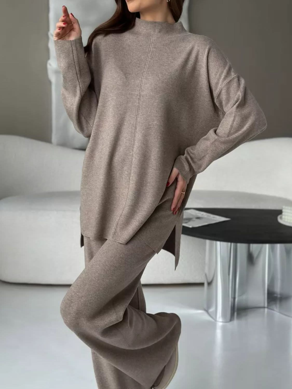 Slit Neck Knit Sweater Set with Pants