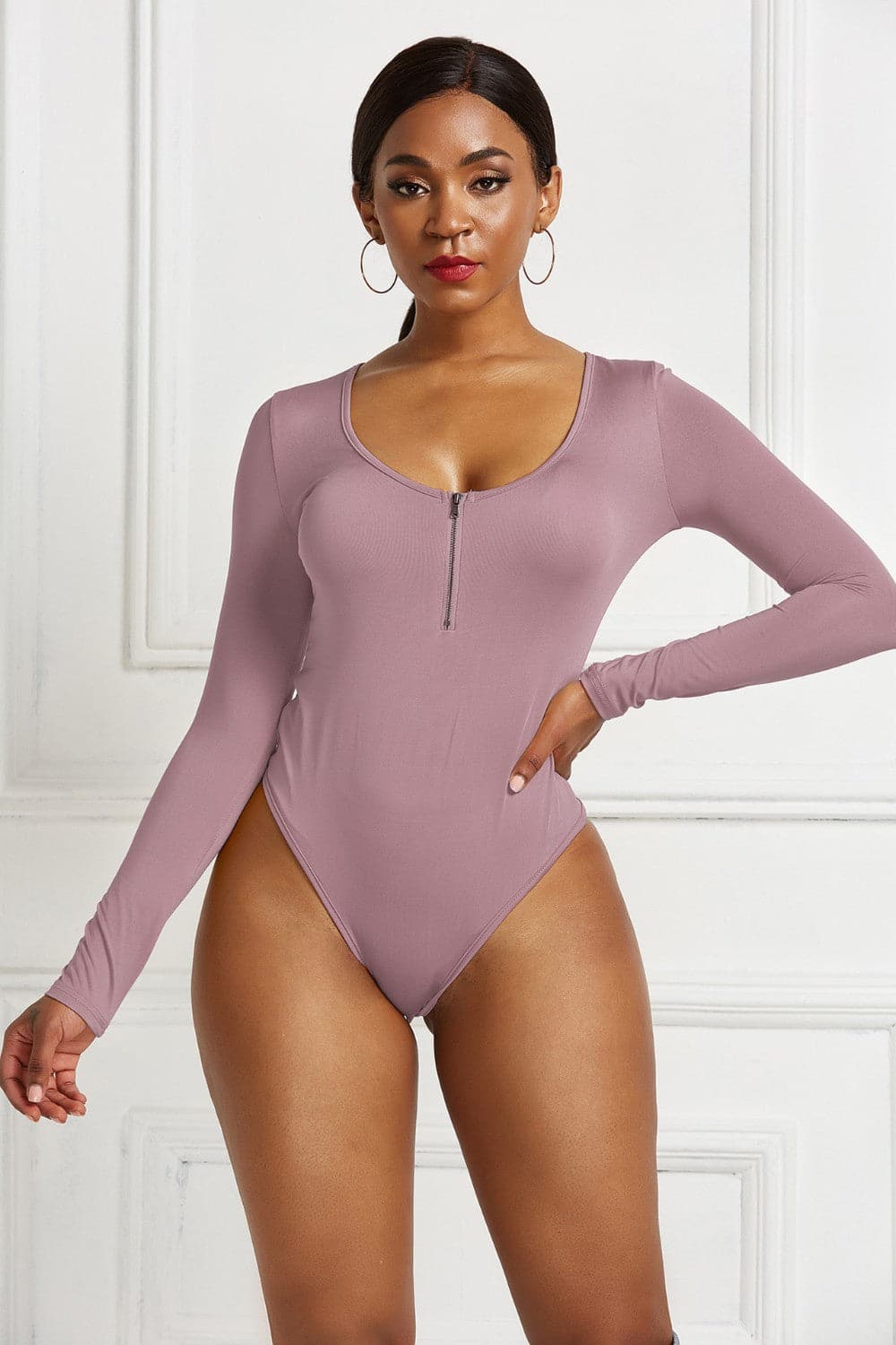 Half Zip Scoop Neck Long Sleeve Bodysuit.