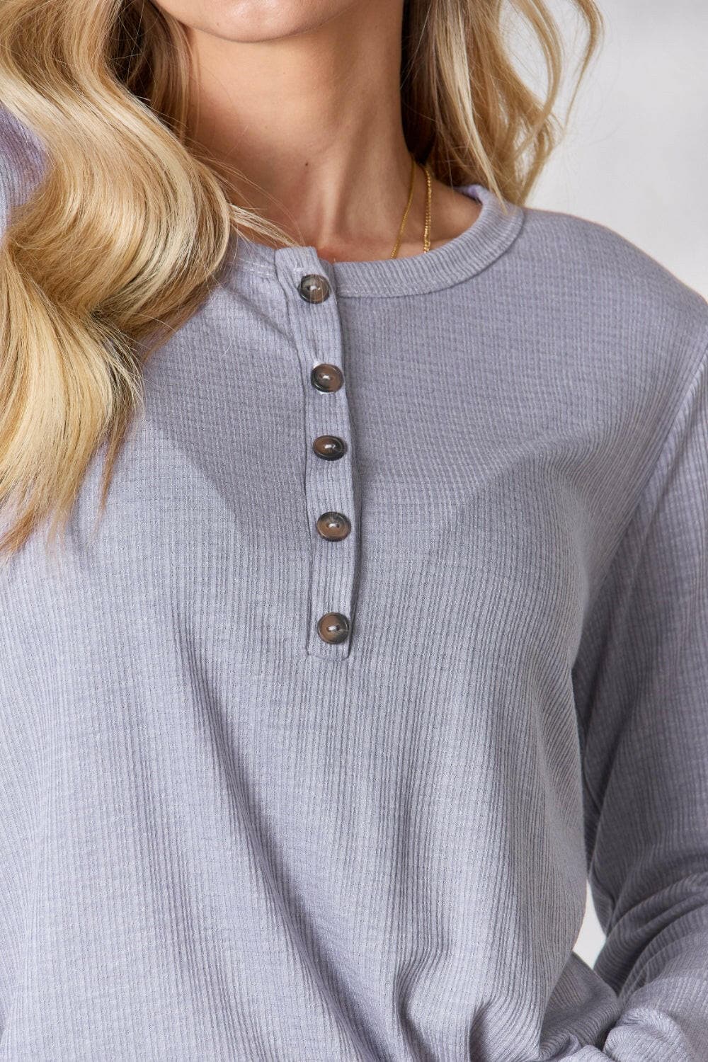 Heimish Full Size Texture Half Button Long Sleeve Top.