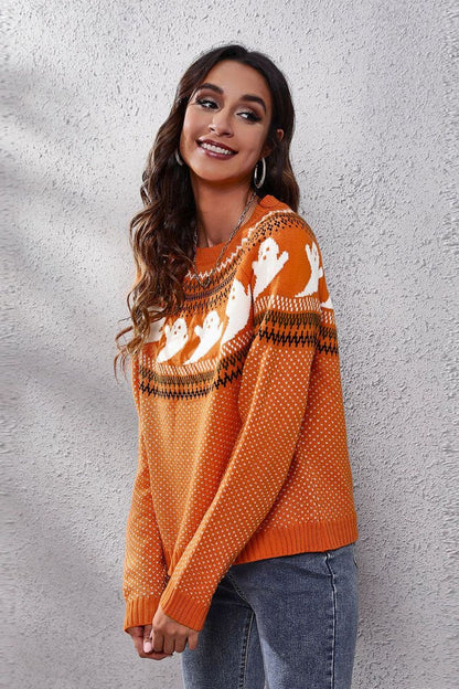 Chic ghost print long sleeve sweater with round neck