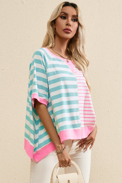 Chic pink stripe oversized patchwork tee for effortless style