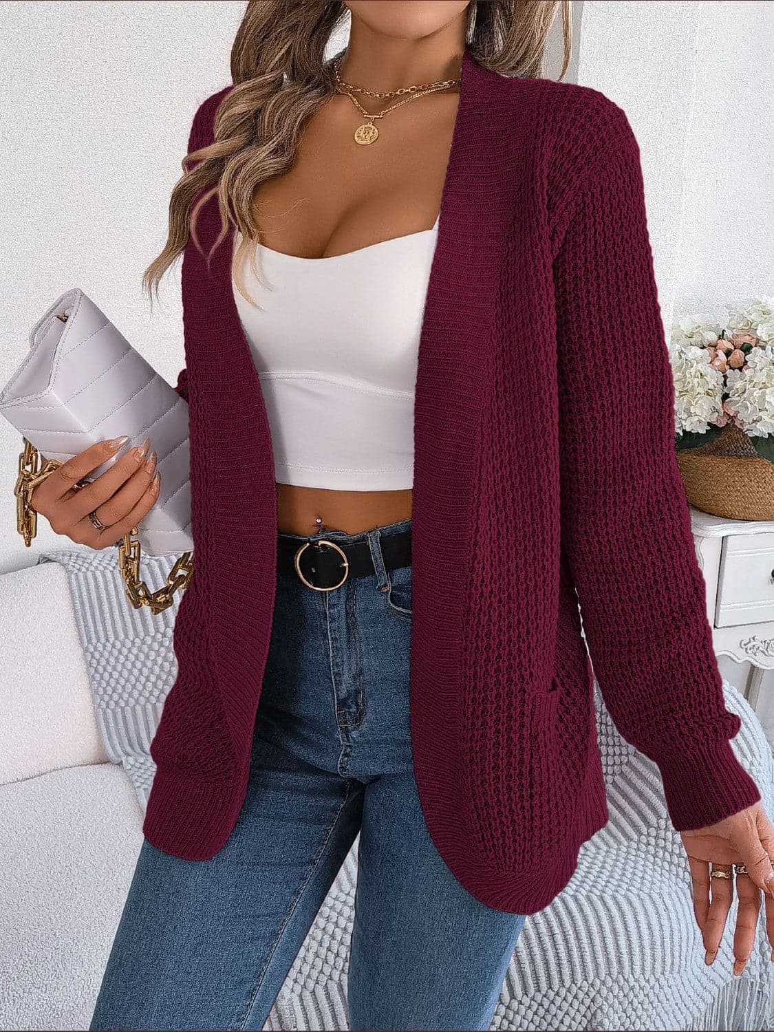 Open Front Long Sleeve Cardigan with Pockets.