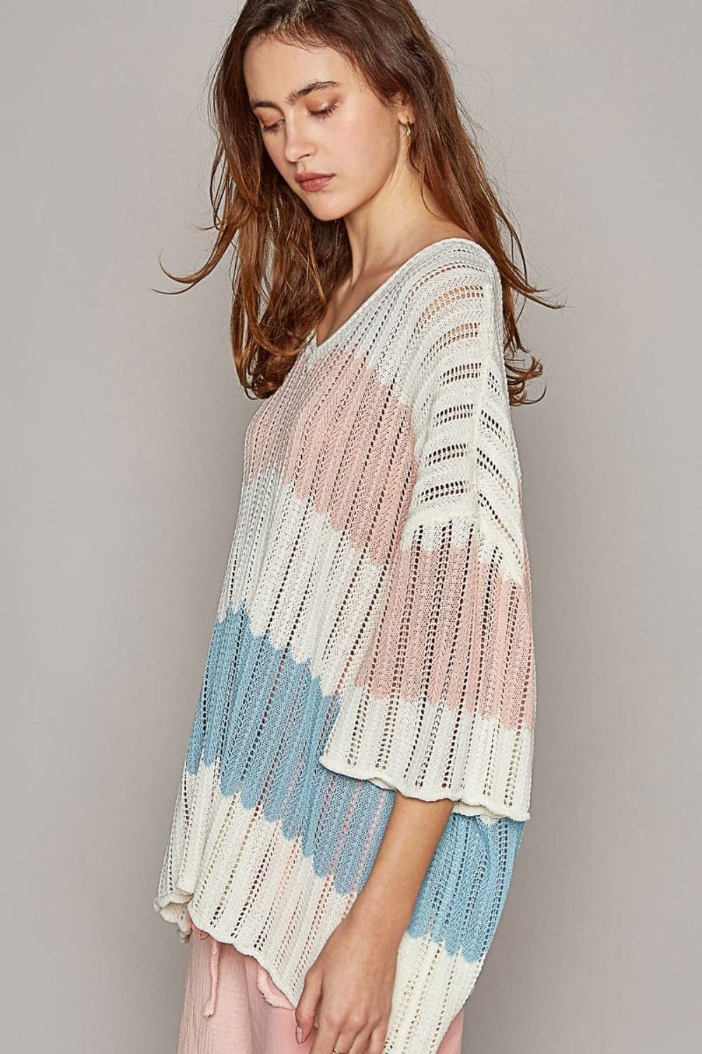 POL V-Neck Short Sleeve Stripe Weave Sweater.