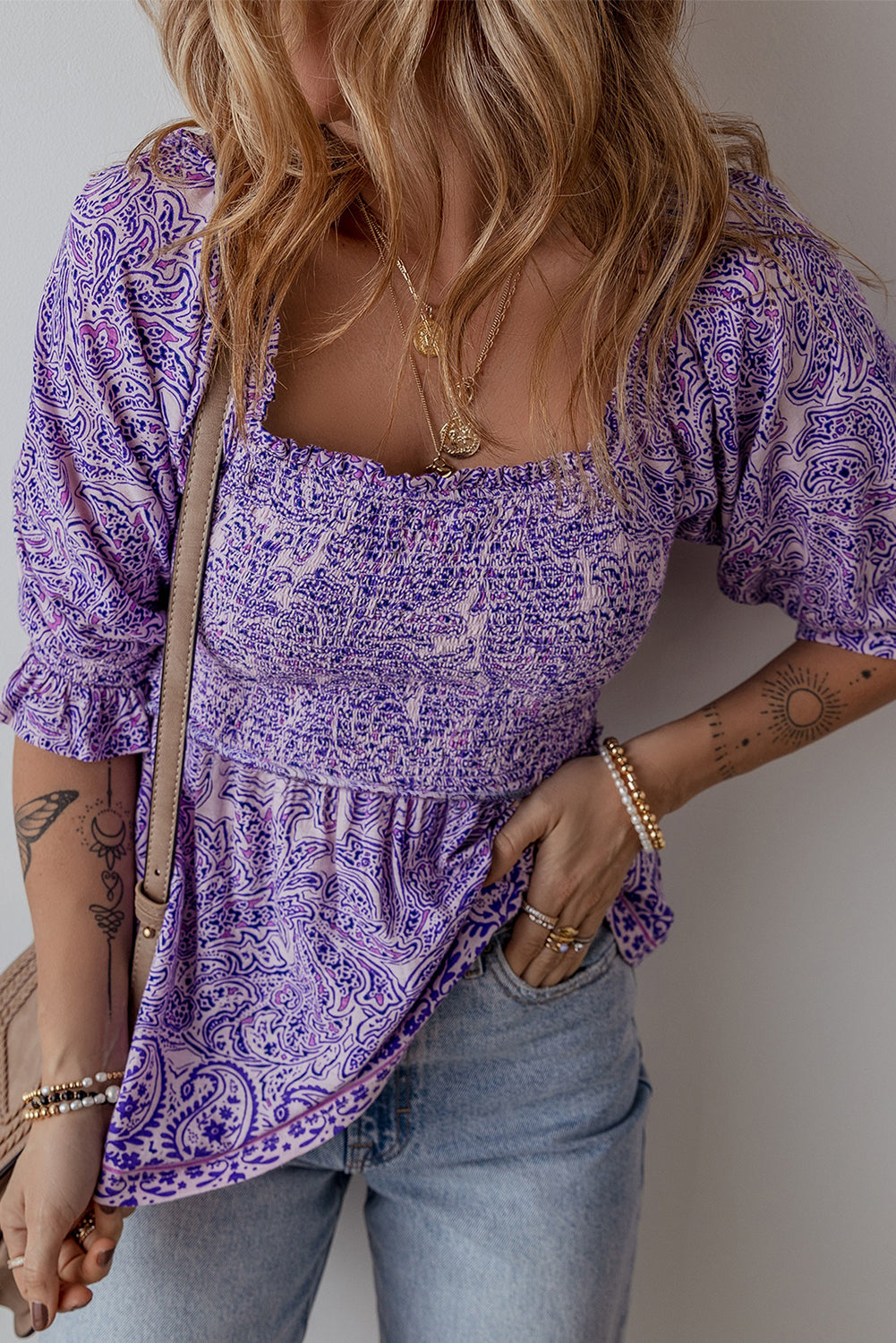 Purple Bohemian Paisley Print Shirred Peplum Blouse with Half Sleeves