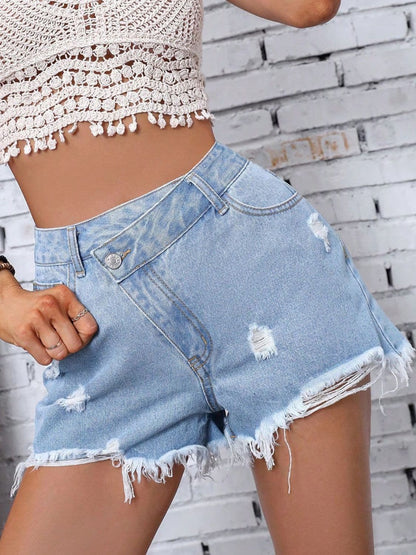 Distressed Raw Hem Denim Shorts.