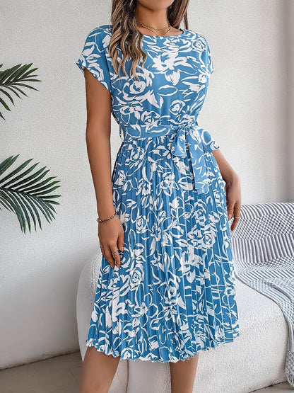 Tied Pleated Printed Short Sleeve Dress.