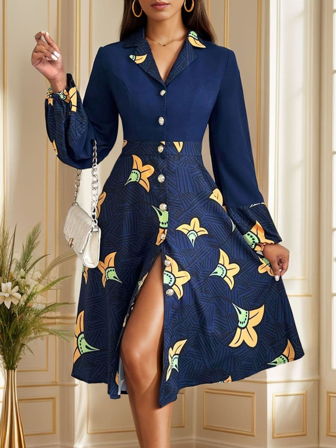 Chic collared long sleeve dress with buttoned front and floral pattern, made of 100% polyester.