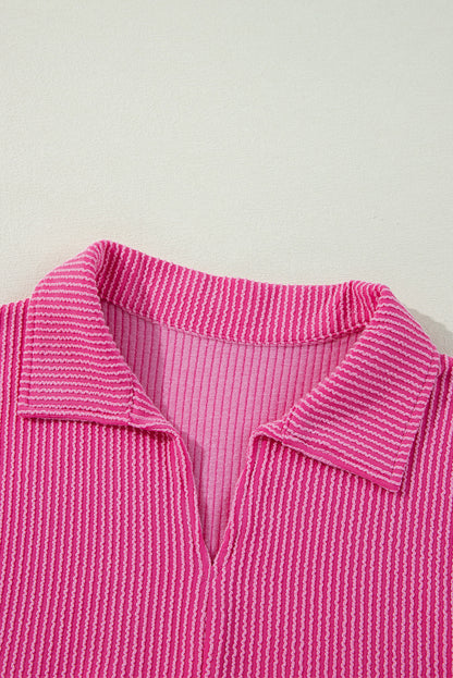 Chic bright pink bubble sleeve babydoll blouse with V-neck and turn-down collar